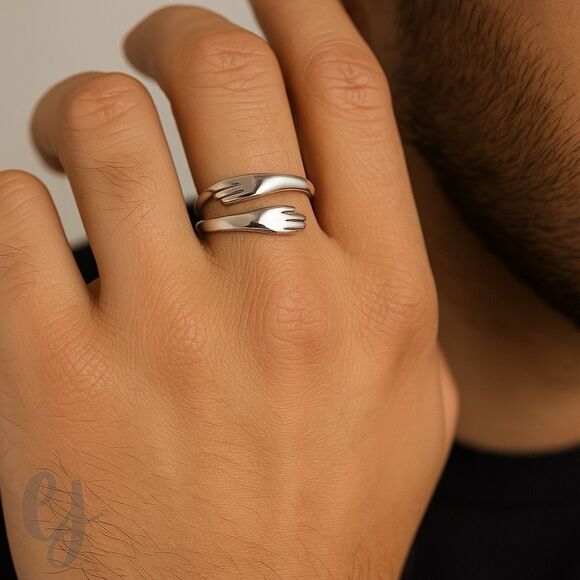 Hugging Hands Adjustable Ring Set – 2 Silver Tone Rings - Picture 4 of 7